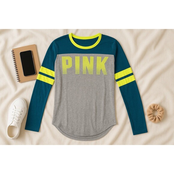 Victoria’s Secret PINK Long Sleeve Varsity Tee Gray Teal Neon Yellow XS - Picture 10 of 10